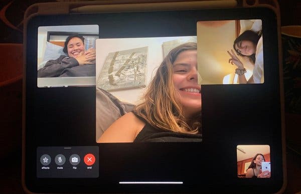 The author’s daughter, Laney Pope, center, videochats with friends.